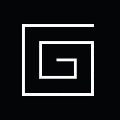 A white geometric spiral design on a black background, consisting of right-angled lines starting from the center and expanding outwards, forming a square-like spiral shape.
