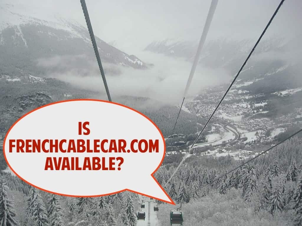 A snowy mountain landscape with cable cars suspended on cables above a forested valley. A speech bubble in the image reads, "Is FRENCHCABLECAR.COM available?.