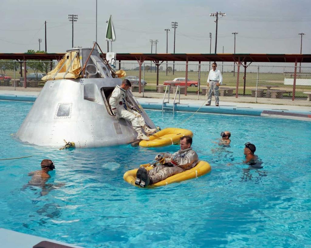 Old photo of space capsule in pool