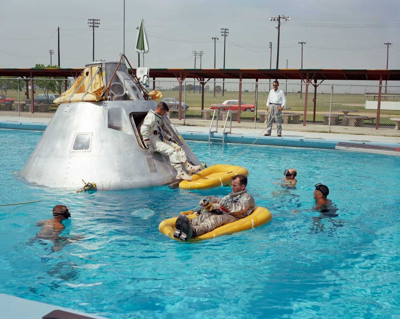 Old photo of space capsule in pool